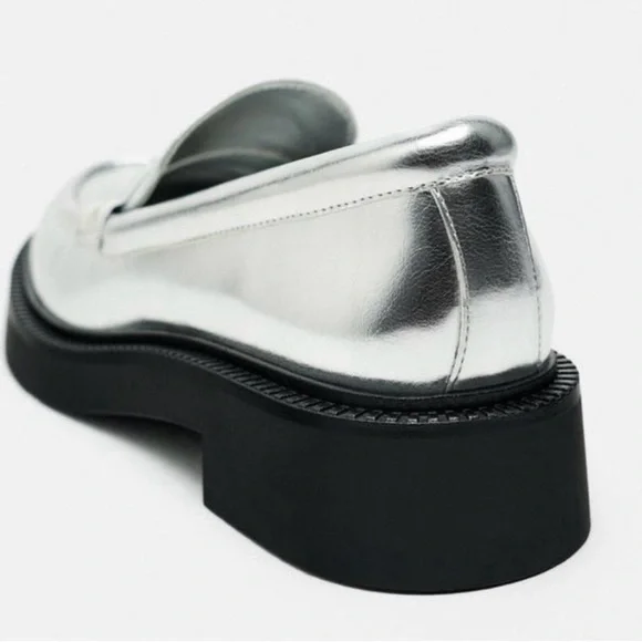ZARA Metallic Silver Lug Sole Loafers - Picture 3 of 11